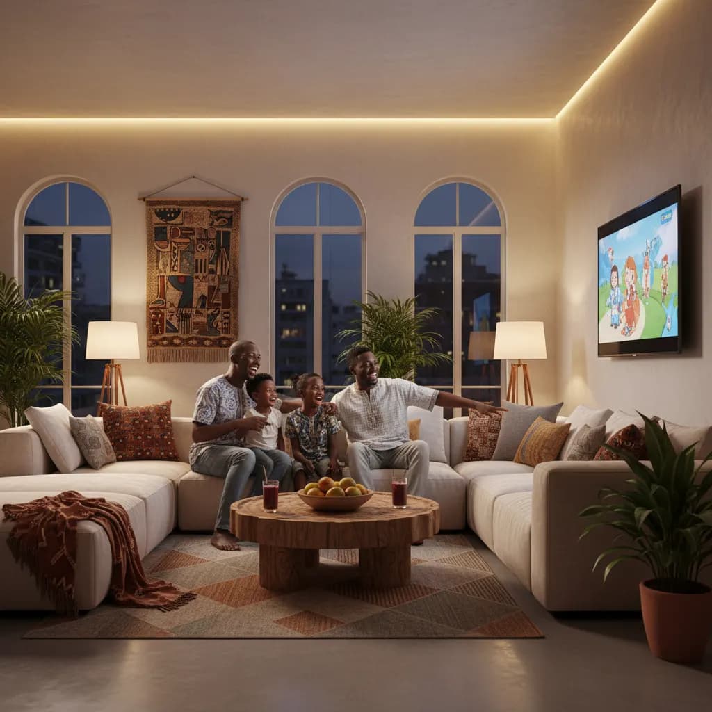 Famille sénégalaise regardant la TV